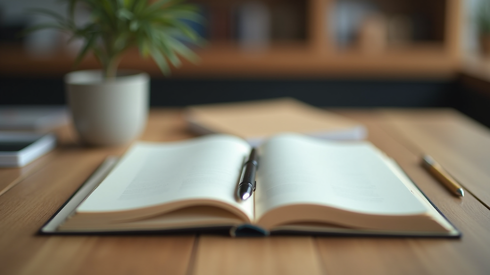 Close-up view of a journal and pen on a wooden table, symbolizing personal reflection