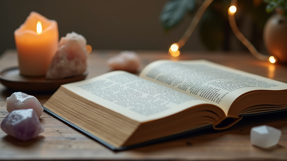 Close-up view of a spiritual book and crystals on a wooden table