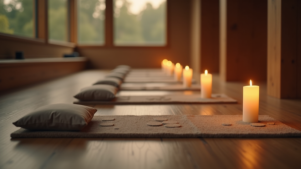 Eye-level view of a quiet meditation space with candles and cushions
