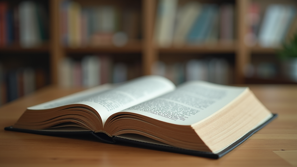 Eye-level view of a book resting on a wooden table