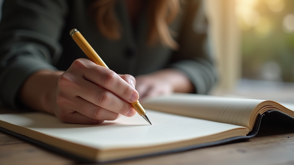 Close-up view of a person writing in a journal during a spiritual coaching workshop