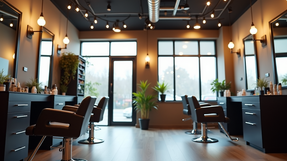 Wide angle view of a modern hair salon interior