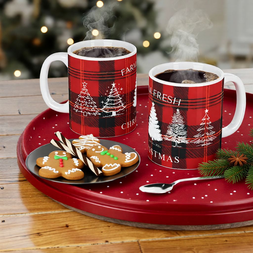 Warm & Nostalgic red plaid Christmas mugs with hot cocoa on festive holiday tray — Happi Holiday Co.
