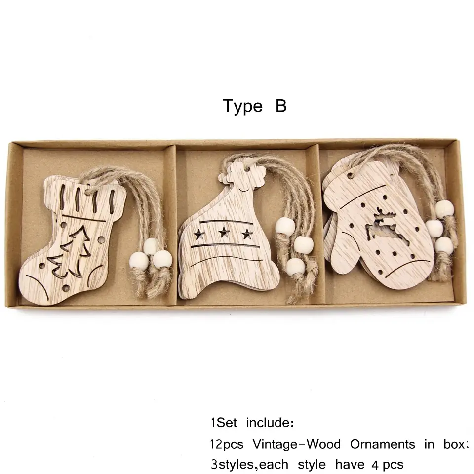 Thumbnail: 12pcs/Box Vintage Christmas Wooden Pendants