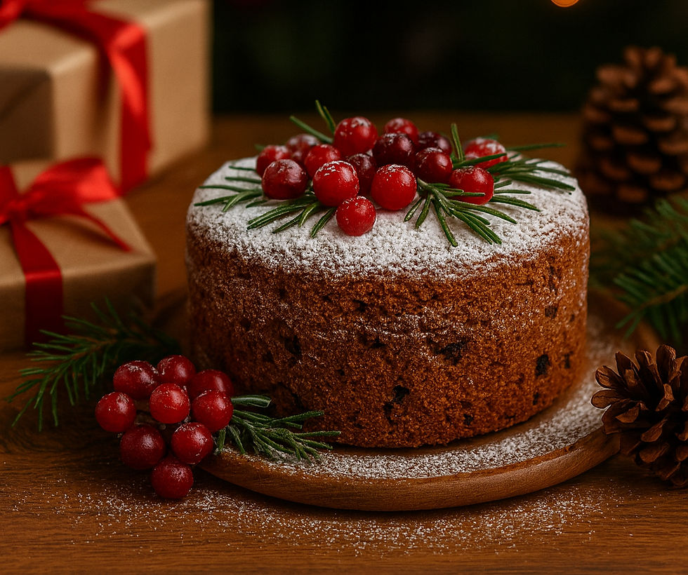Traditional boiled Christmas fruit cake topped with cranberries and rosemary — Happi Holiday Co.
