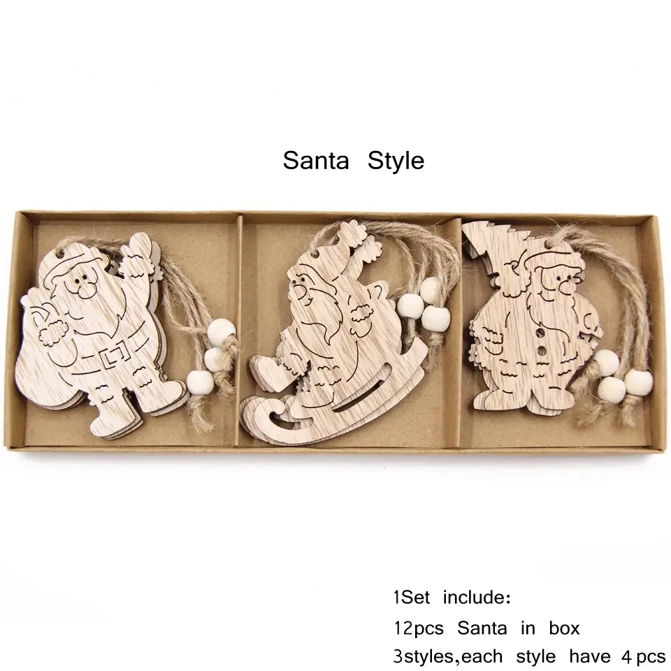 Thumbnail: 12pcs/Box Vintage Christmas Wooden Pendants