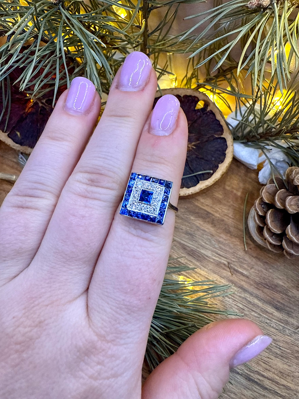 Thumbnail: Art Deco Square Diamond & Sapphire Ring