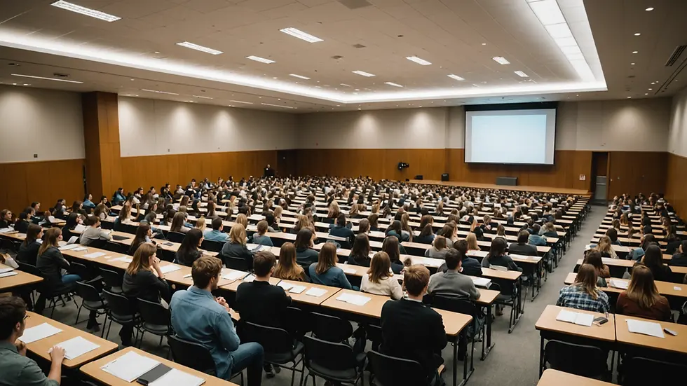 Eye-level view of a lecture hall filled with engaged students
