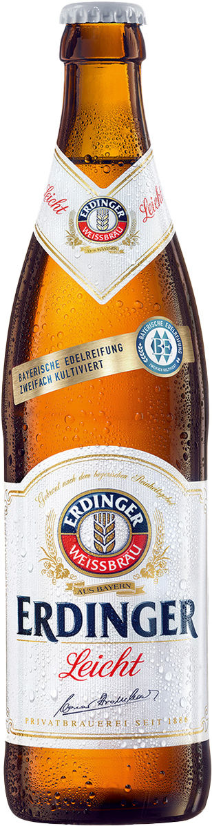 Erdinger Weissbier bottle with "ERDINGER" and "leicht" text; German beer.