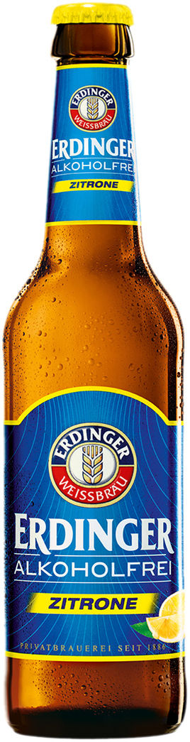 Eine Flasche Erdinger Alkoholfrei Zitrone. Blaue und gelbe Etikett mit Text.