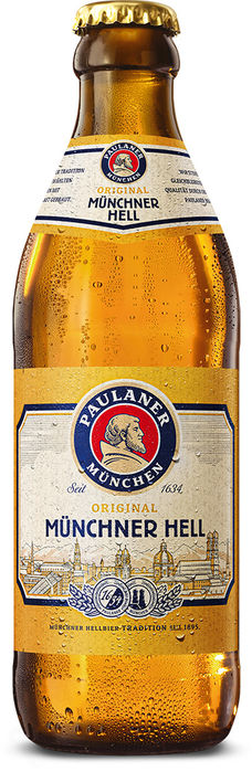 Paulaner Münchner Hell Bierflasche, golden, klar, mit Etikett und Logo. V-Heim Schweitenkirchen
