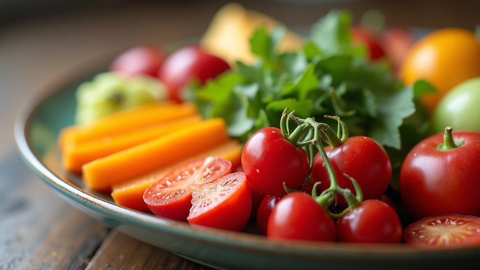 Close-up view of a colorful plate filled with fresh fruits and vegetables