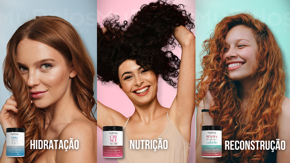 três modelos, uma de cabelo ruivo liso, moreno cacheado, cabelo crespo e os produtos