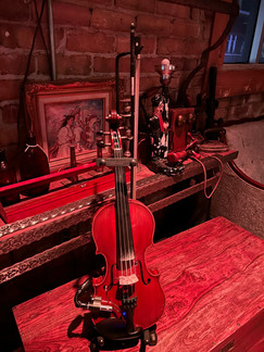 Violin in stand before a performance at Mather's Orlando.