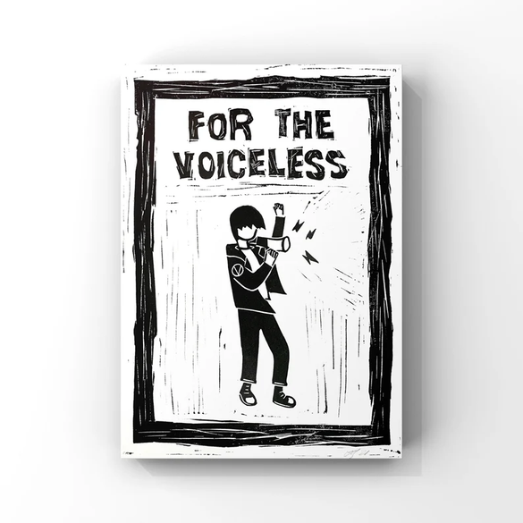 Linocut print depicting a person with a megaphone and the words For The Voiceless. Vegan protest art