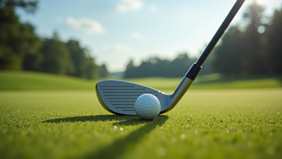 Close-up view of golf club and ball on tee with golf course in background