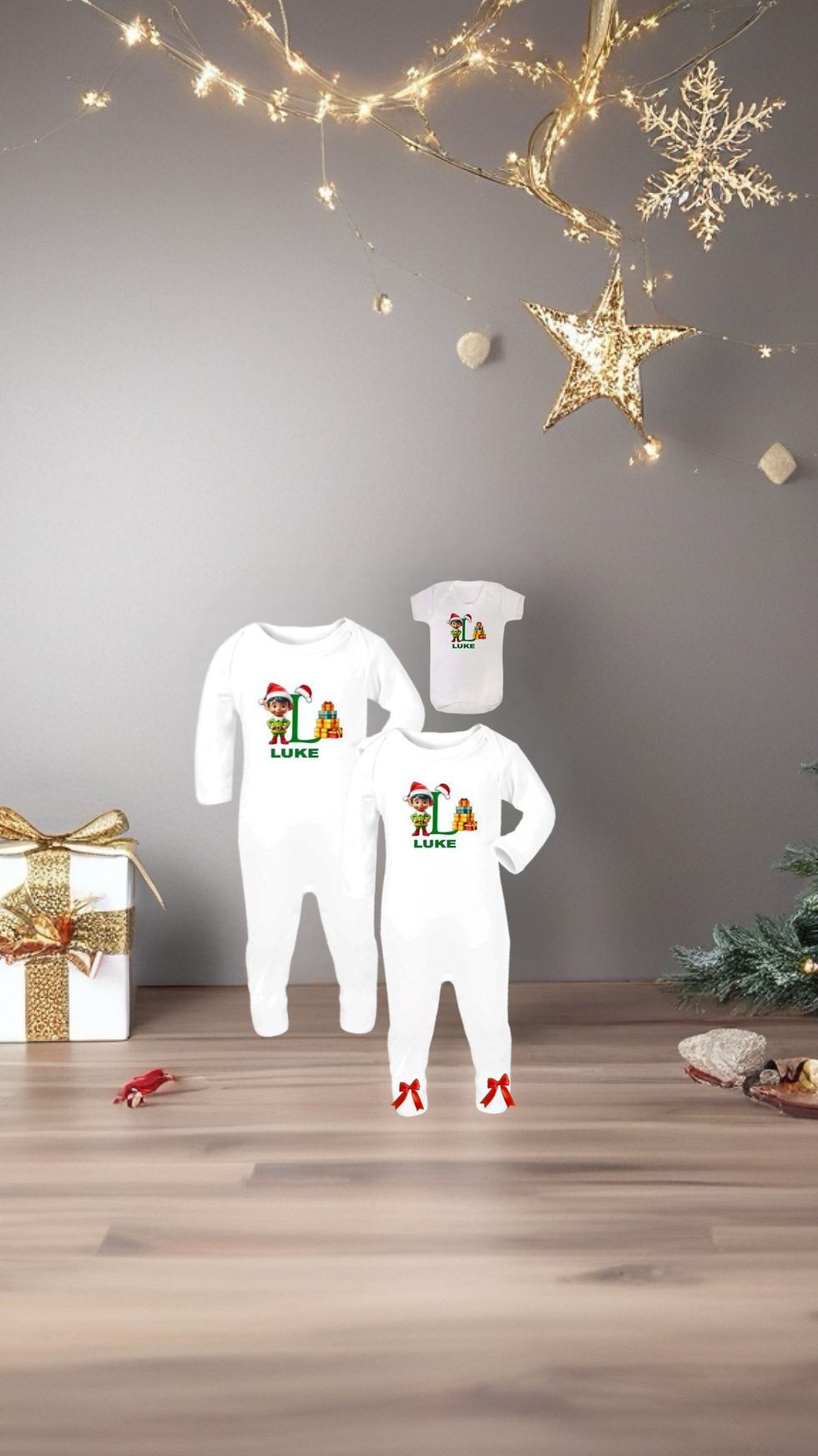 Personalised Baby Boys Santa Elves Initial “L” 2 Piece Sets