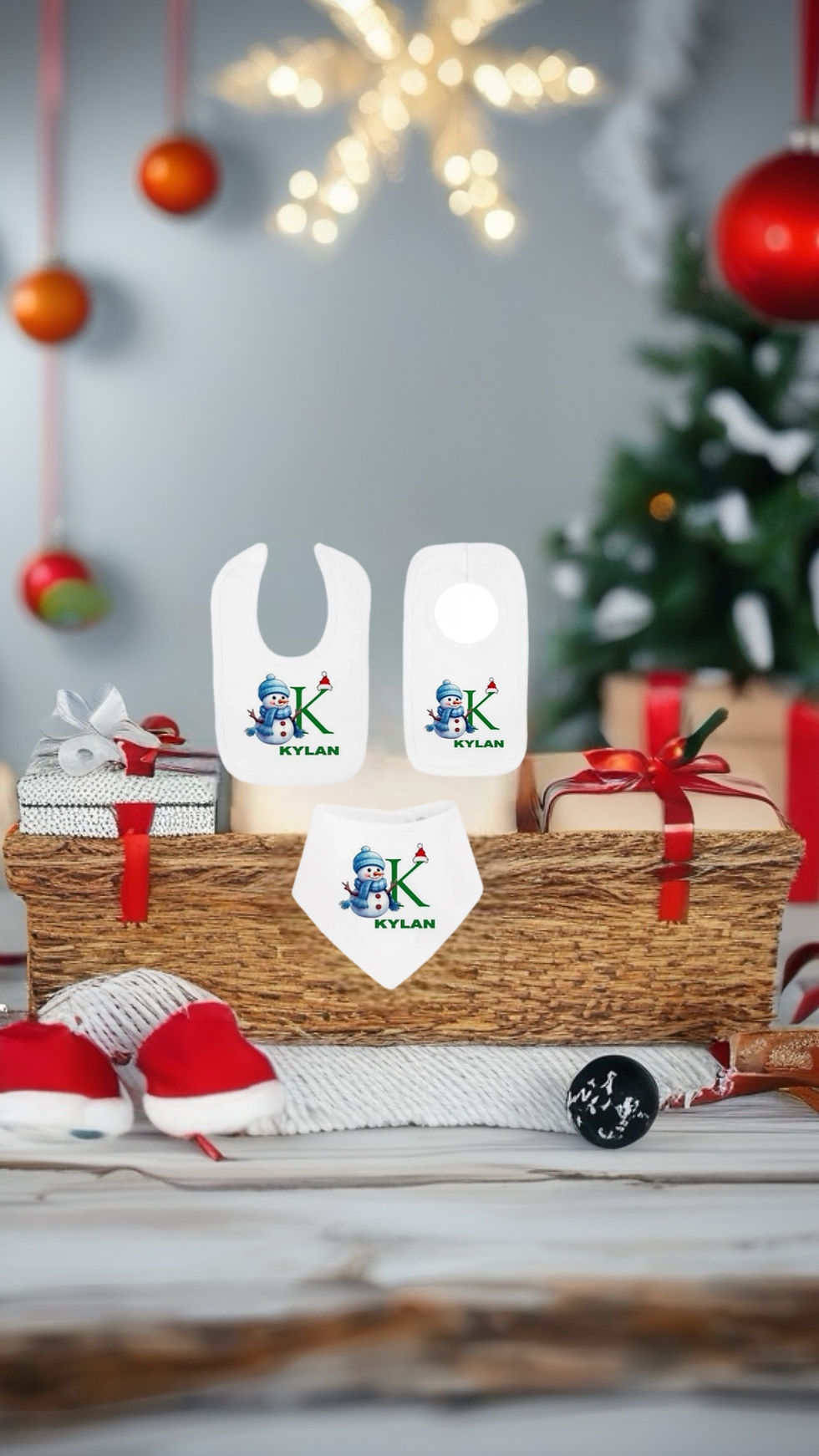 Personalised Baby Boys Christmas Snowman Initial “K” Bibs