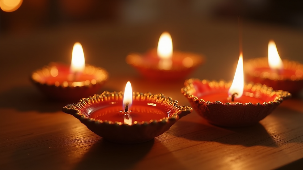Close-up view of beautifully arranged diyas with flower petals