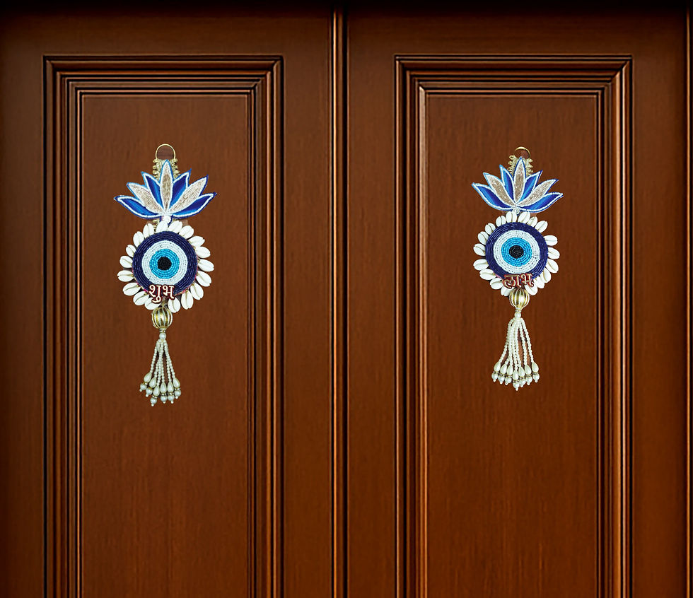 Thumbnail: Handmade Door Toran, Bandhanwar,  with Shubh Labh (Evil Eye Blue & Brown)