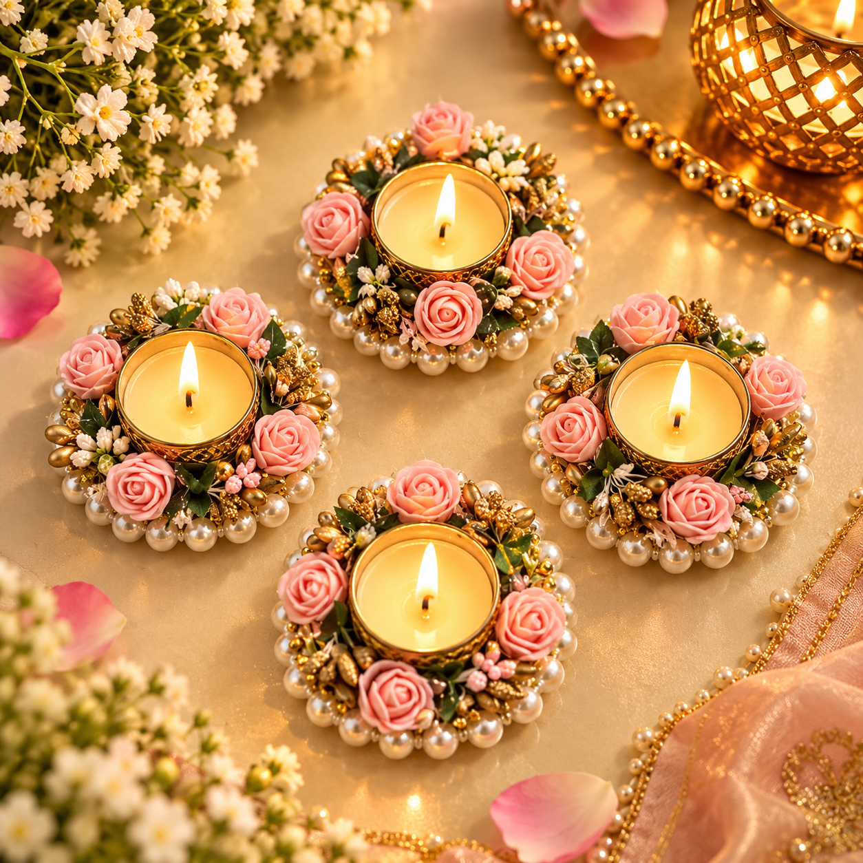 AIP Royal Rose Pearl Tealight Candle Holder – Pink & Gold Set of 4