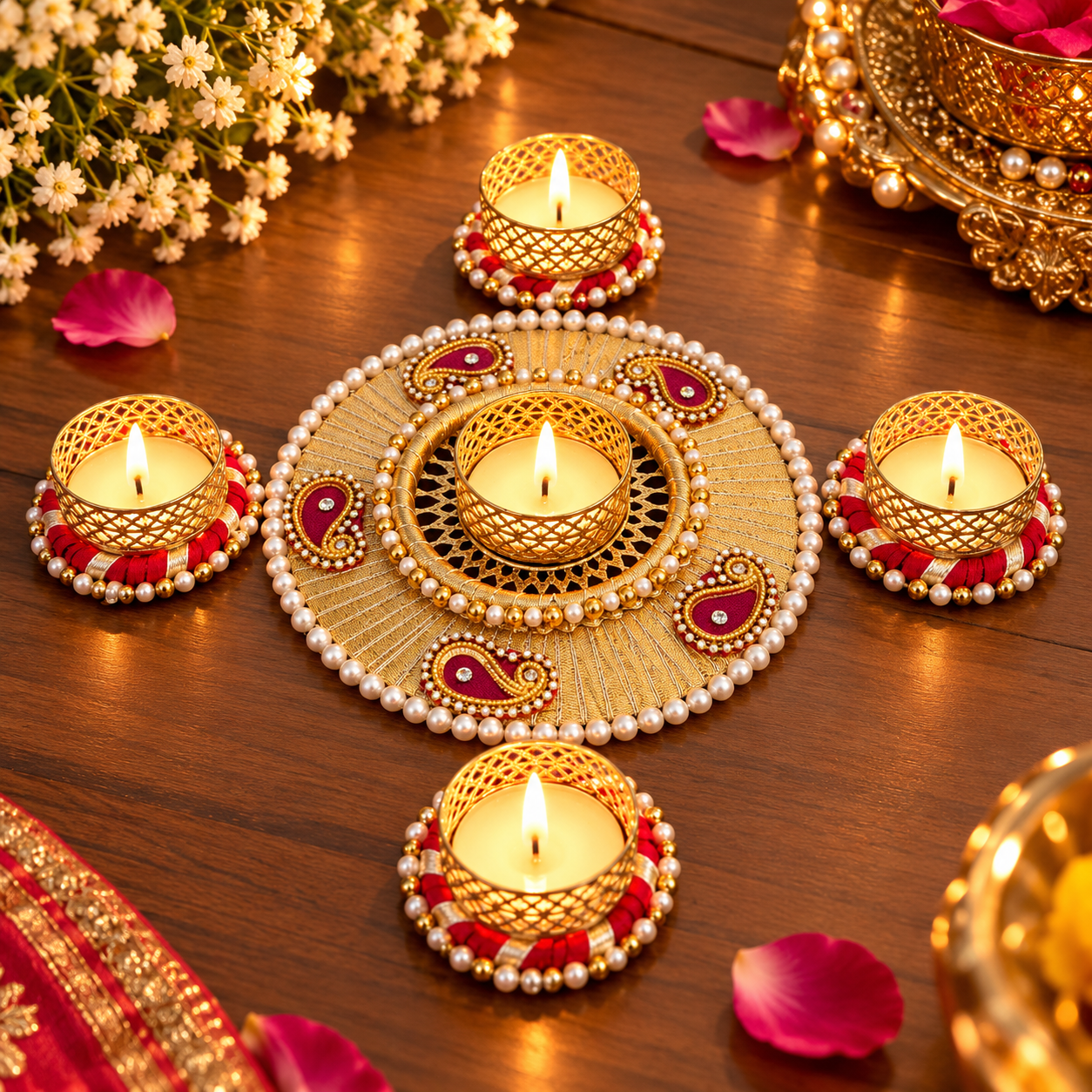 AIP | Royal Red & Gold Rangoli Tealight Holder Set with Pearl Embellishments