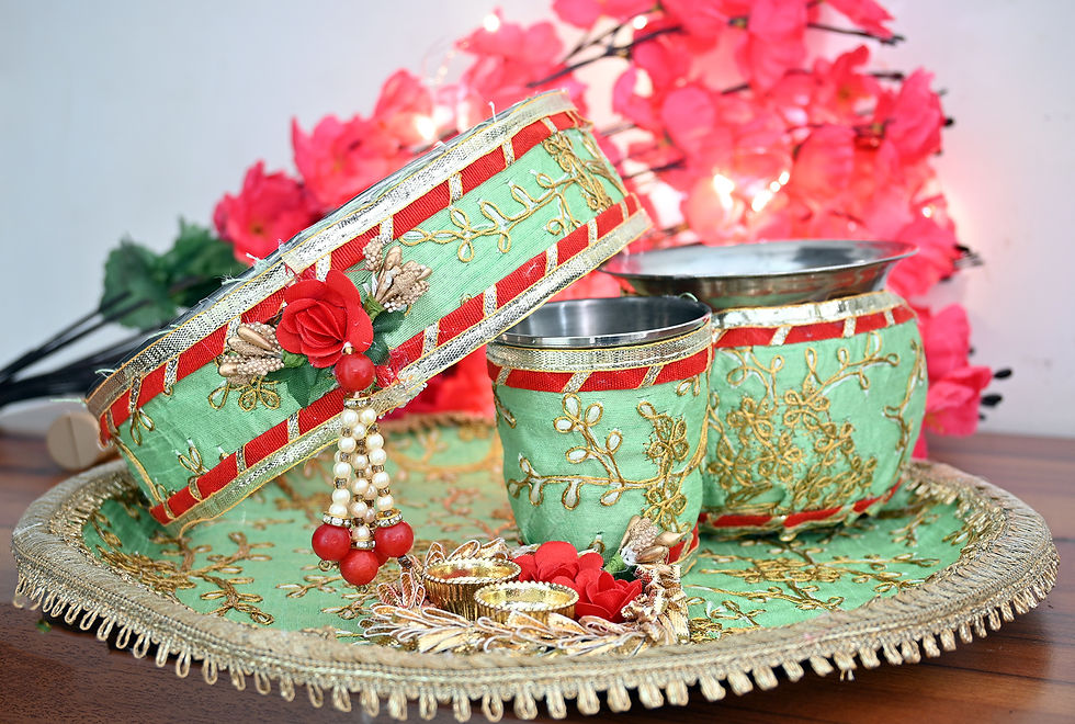 Thumbnail: Beautiful Karwa Chauth Golden Pooja Thali Hamper - Green