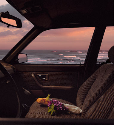 sunset car flowers bread ocean 