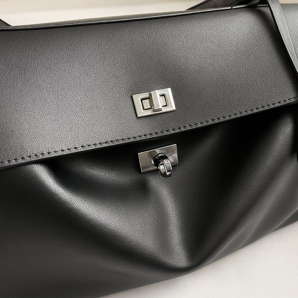 Thumbnail: Close-up of the refined silver-tone turn-lock hardware and smooth texture on a sleek black shoulder bag.