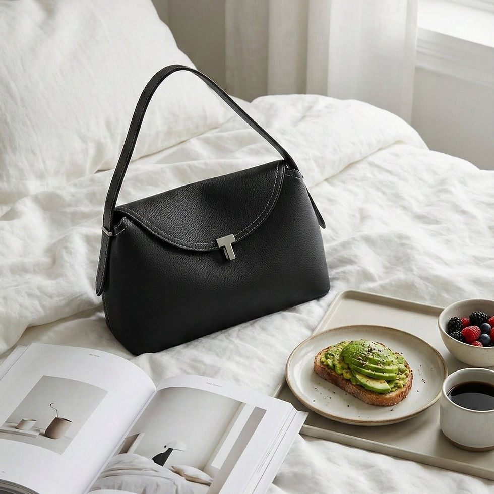 Thumbnail: Black leather T-lock shoulder bag resting on a white bed next to a breakfast tray, cozy morning aesthetic