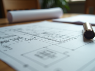 Eye-level view of a blueprint and architectural plans on a wooden table