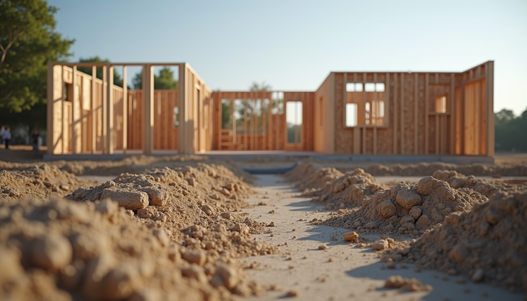 Eye-level view of a residential construction site with foundation and framing work underway