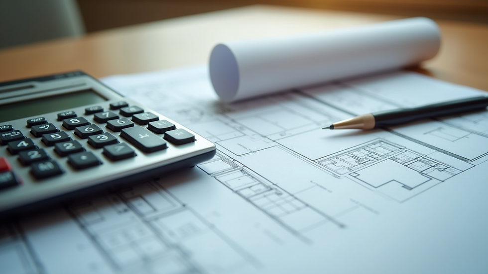 Close-up view of architectural blueprints and a calculator on a wooden table