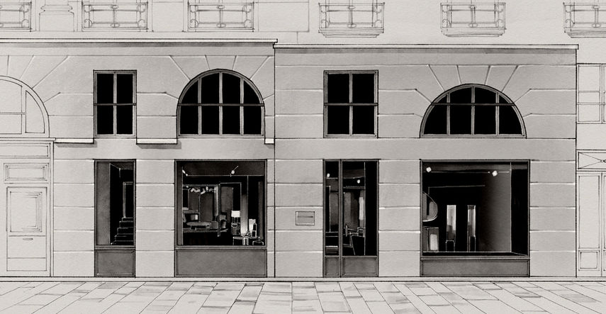Dessin d'architecture noir et blanc précis. Vitrine élégante haussmannienne avec fenêtres en plein cintre