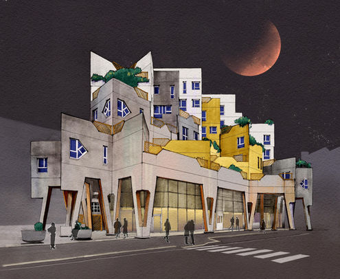 Vue nocturne sur paysage urbain, volumes géométriques en béton, architecture contemporaine, organique et végétale, dessinée à la main