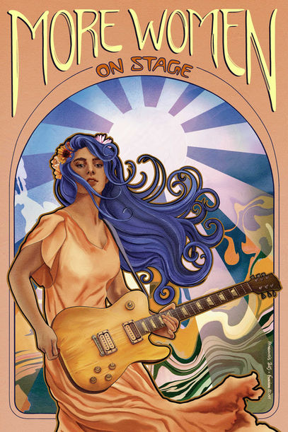 Affiche illustrée « More Women on Stage » avec femme aux cheveux bleus jouant de la guitare, fond psychédélique bleu, blanc, vert et jaune.