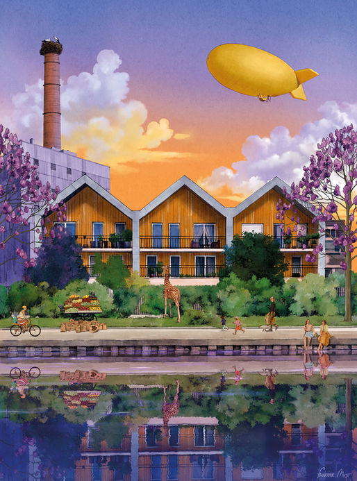 Dessin écopunk d’un canal periurbain avec nature foisonnante, marché gratuit, dirigeable flottant, usine reconvertie et animaux sauvages.