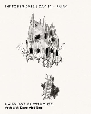 Illustration d'architecture poétique en encre, bâtiment aux formes organiques sculpturales à Vietnam entouré de végétation