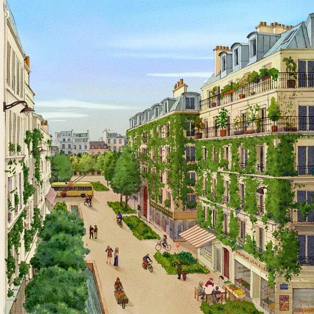 Illustration solarpunk de bâtiments haussmanniens couverts de plantes grimpantes, avec café associatif, ruisseau d’eau potable et terrains de permaculture, piétons, vélos et trolleybus.