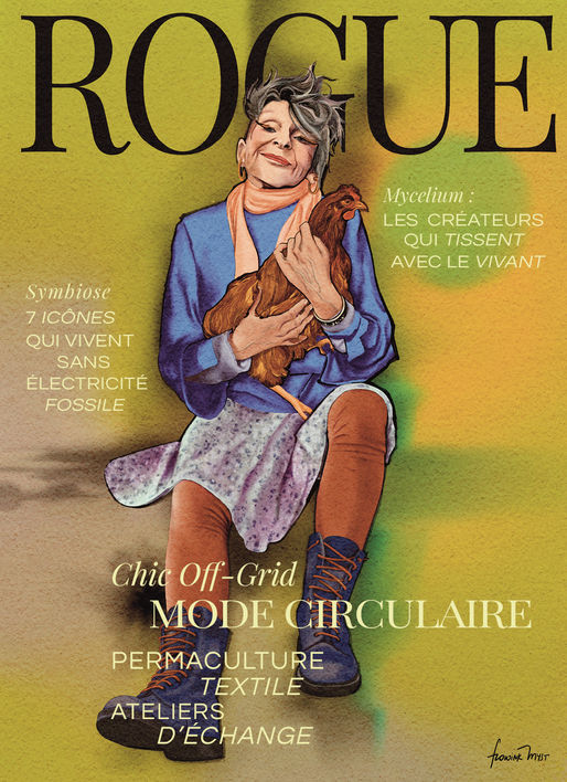 Illustration d'une femme de 50 ans au style bohème-punk avec poule dans les bras, cheveux gris, vêtements de seconde main.