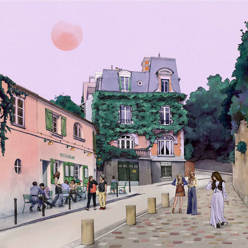 Moment de vie d'ambiance feutré, retro, poétique et coloré autour de la maison rose à Montmartre, paysage urbain parisien