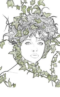 Illustration art nouveau stylisé dessinée à la main. Vue de 3-4 sur le visage, regard envoutant, feuilles de vignes emmêlés dans les cheveux.