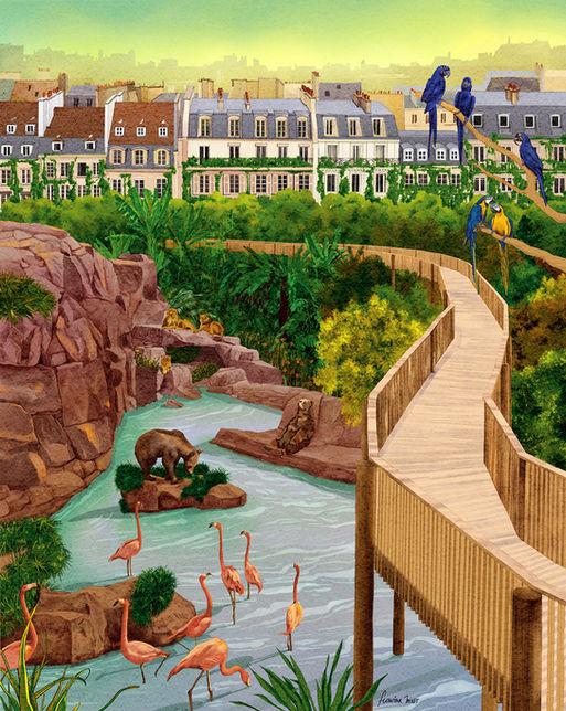 Paysage urbain devenu jungle protégée : passerelles surélevées, animaux sauvages et végétation luxuriante au cœur d’une ville respectueuse du vivant.