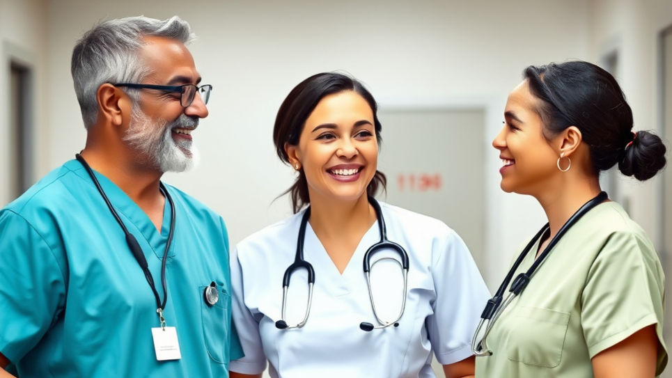 group of three white nurses male and female smiling in a healthcare setting they are dive