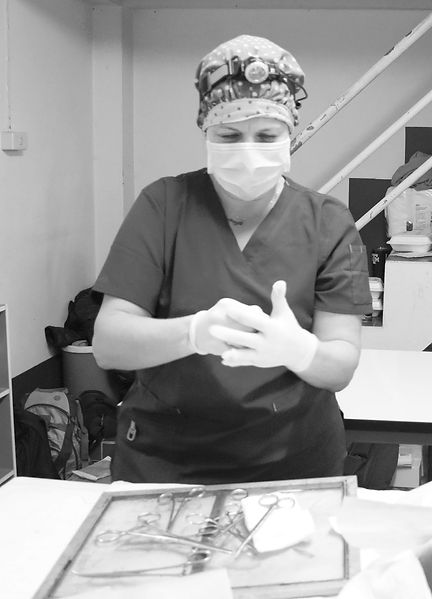 Dr. Amber putting on surgical gloves