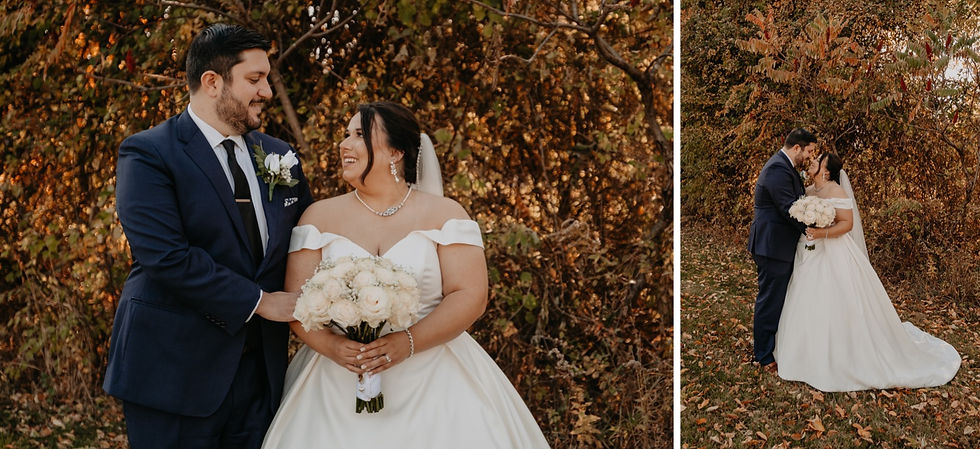 Bride and groom wedding portraits in fall leaves. Metro Detroit wedding photography by Nicole Leanne Photography