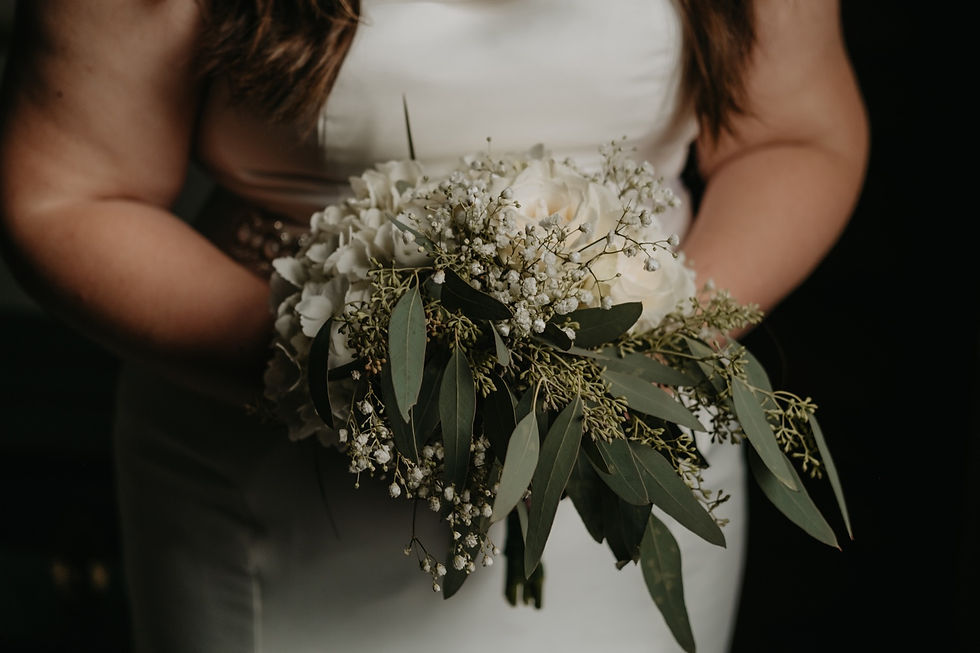 Simple elegant bridal bouquet with white flowers and greenery. Photography by Nicole Leanne Photography