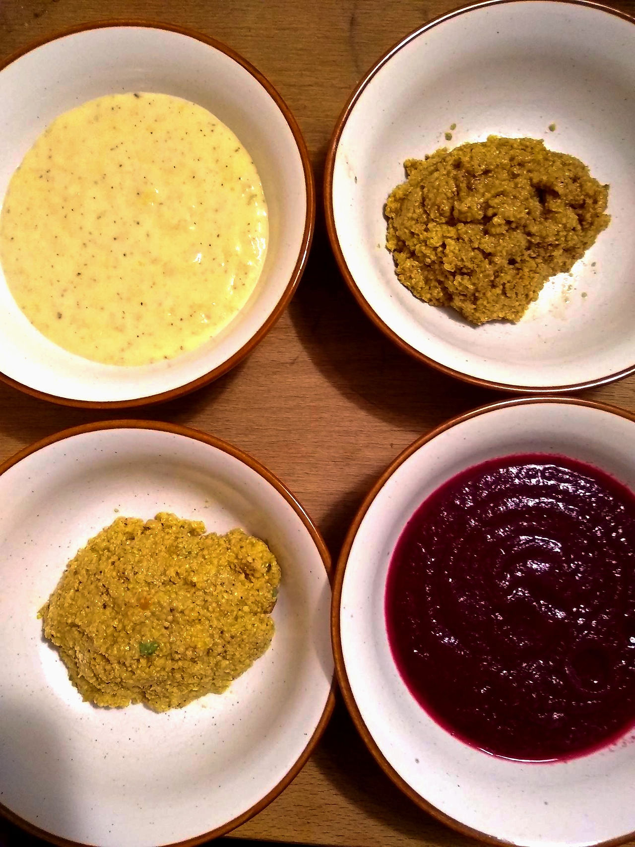 Image featuring two homemade mustards - orange tarragon and mix spice -, beetroot ketchup and rosehip vinegar mayo to accompany the recipe for homemade mustard on the Forays into Food blog.