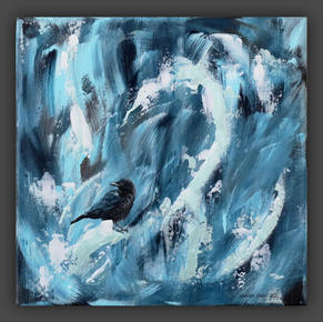 Abstract blue acrylic painting with a crow