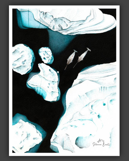 Watercolor and ink painting of narwhals and icebergs